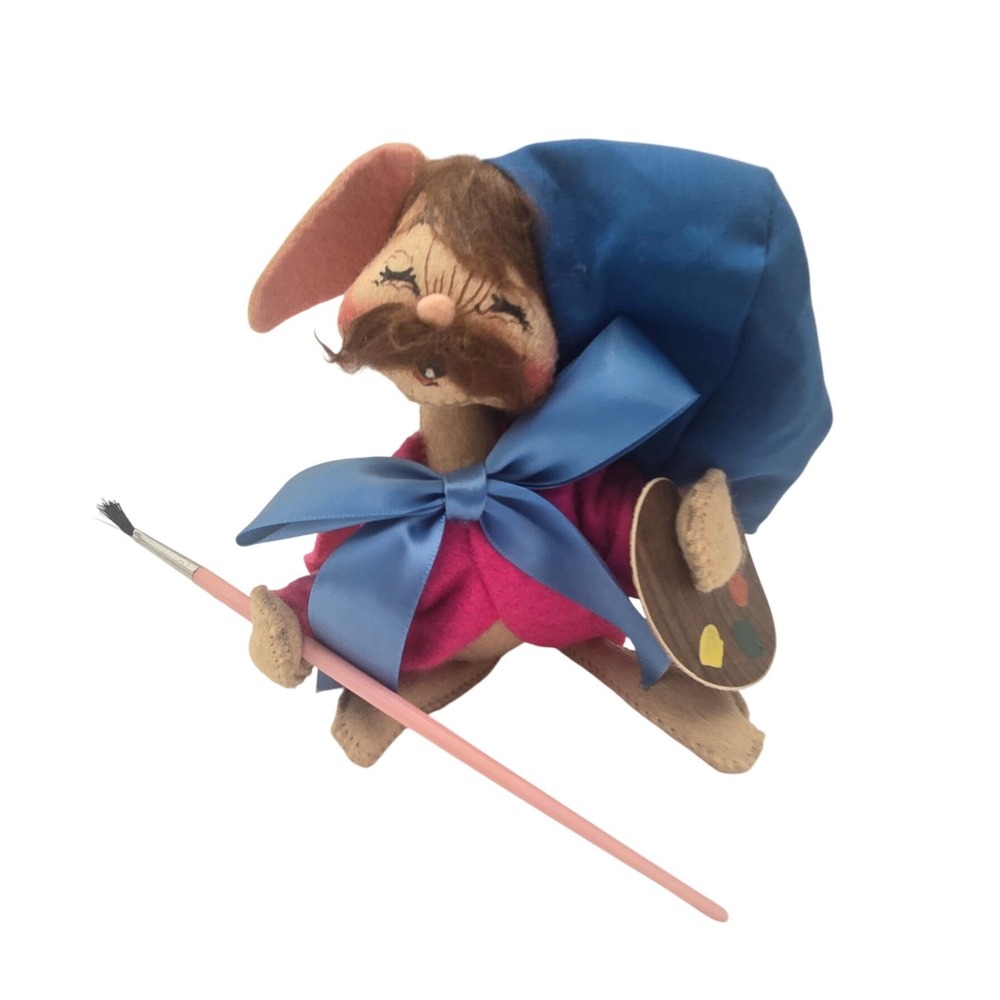 Annalee Mobilitee 1993 Artist Mouse Doll Pink Coat Blue Hat Palette Paintbrush